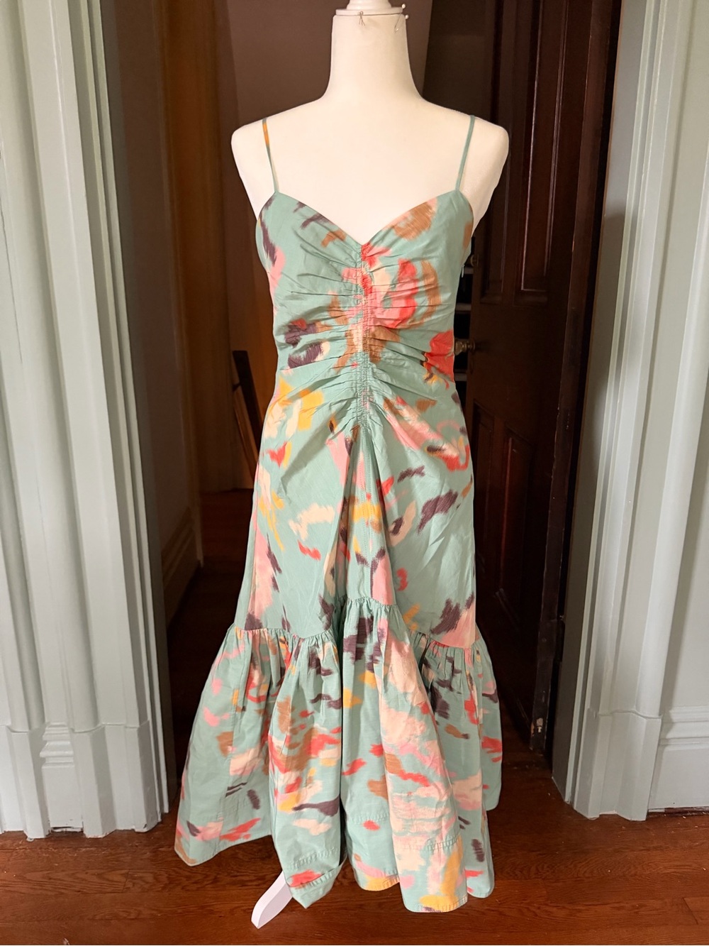 A.L.C. Sage Green Floral Ruched Bodice Midi Dress